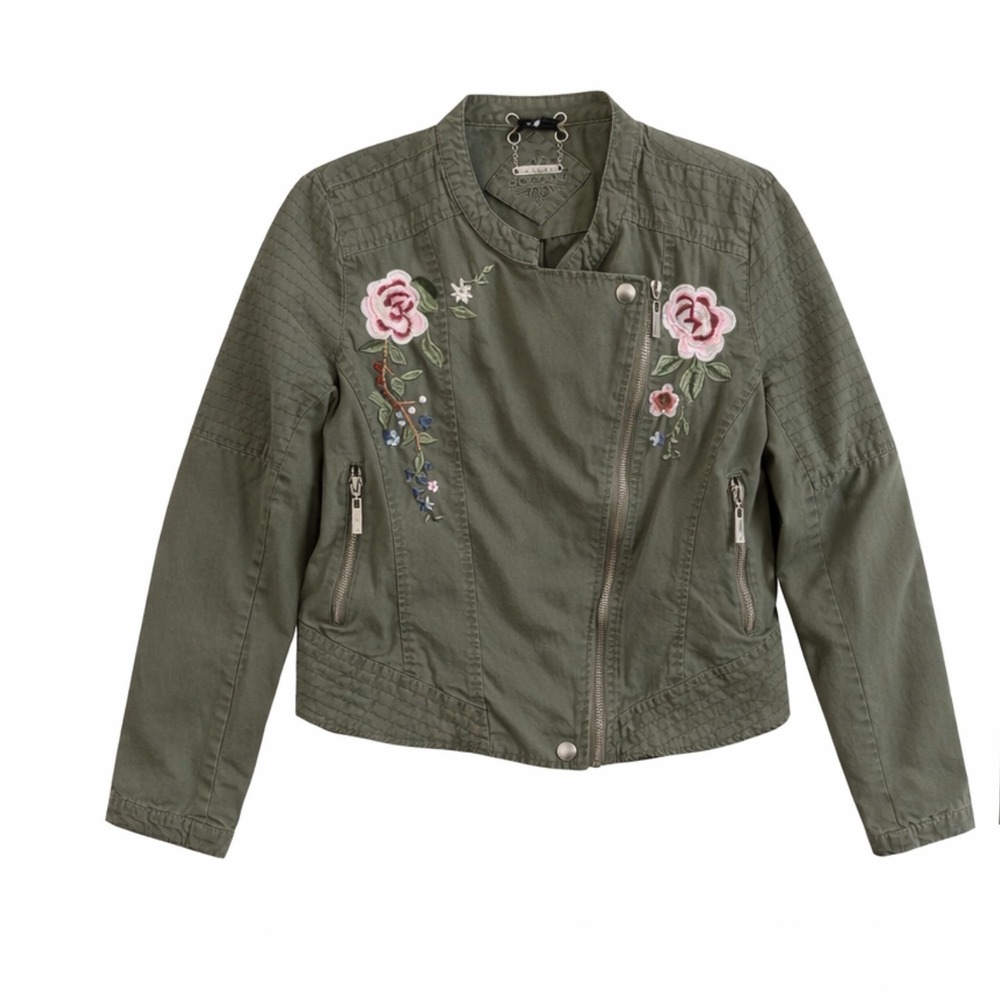 JouJou Womens Floral Embroidered Moto‎ Jacket Olive Green Utility Zip Up Coat